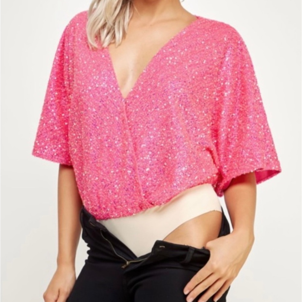 Strut & Bolt Pink Sequin Faux Wrap Bodysuit Top Sz M